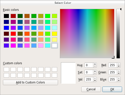 A color dialog in the Fusion widget style.