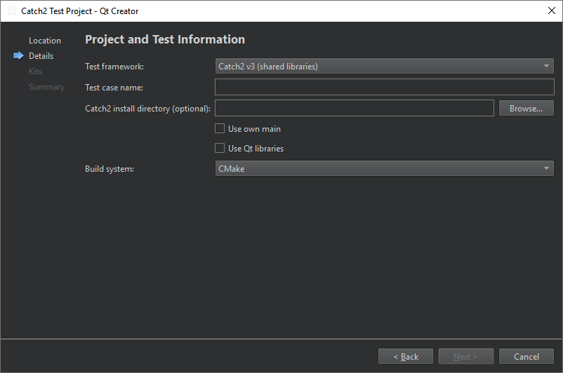 {Project and Test Information dialog - Catch2 test}