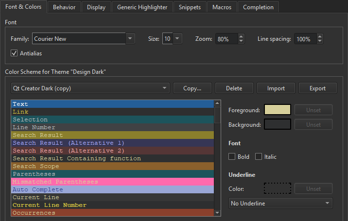 {Font & Colors tab in Text Editor preferences}