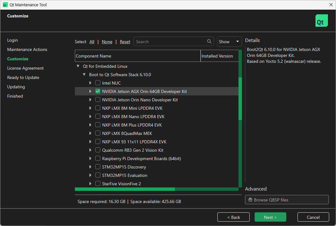 Location of NVIDIA Jetson AGX Orin in Select Components UI view of Qt Maintenance Tool.