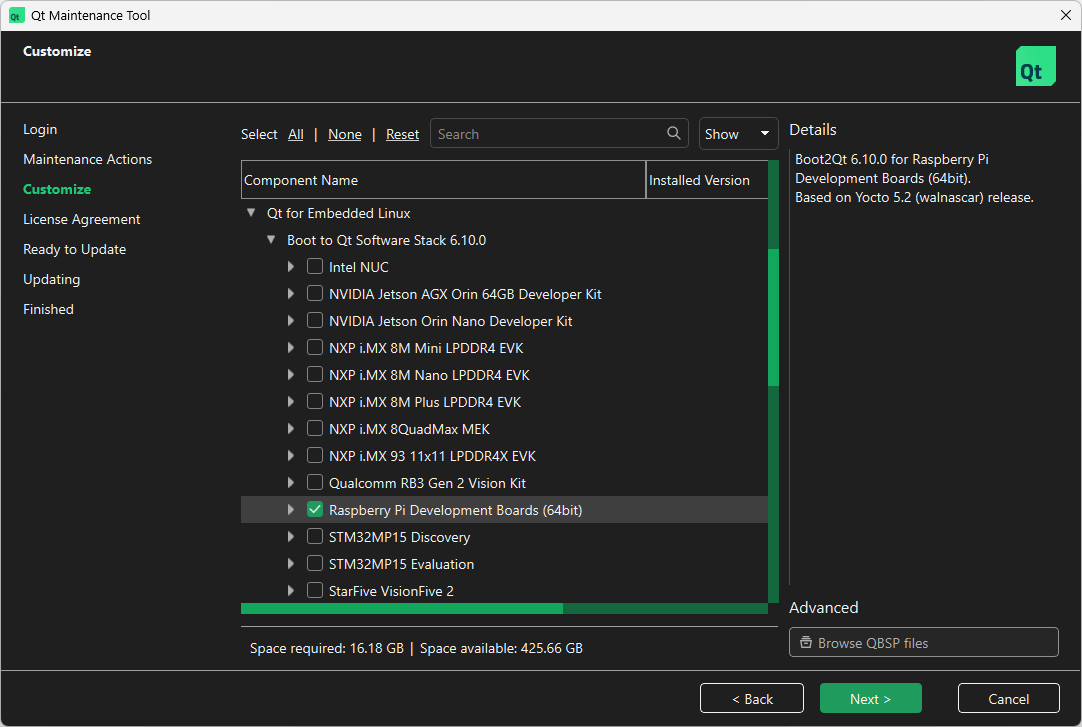Location of Raspberry Pi in Select Components UI view of Qt Maintenance Tool.