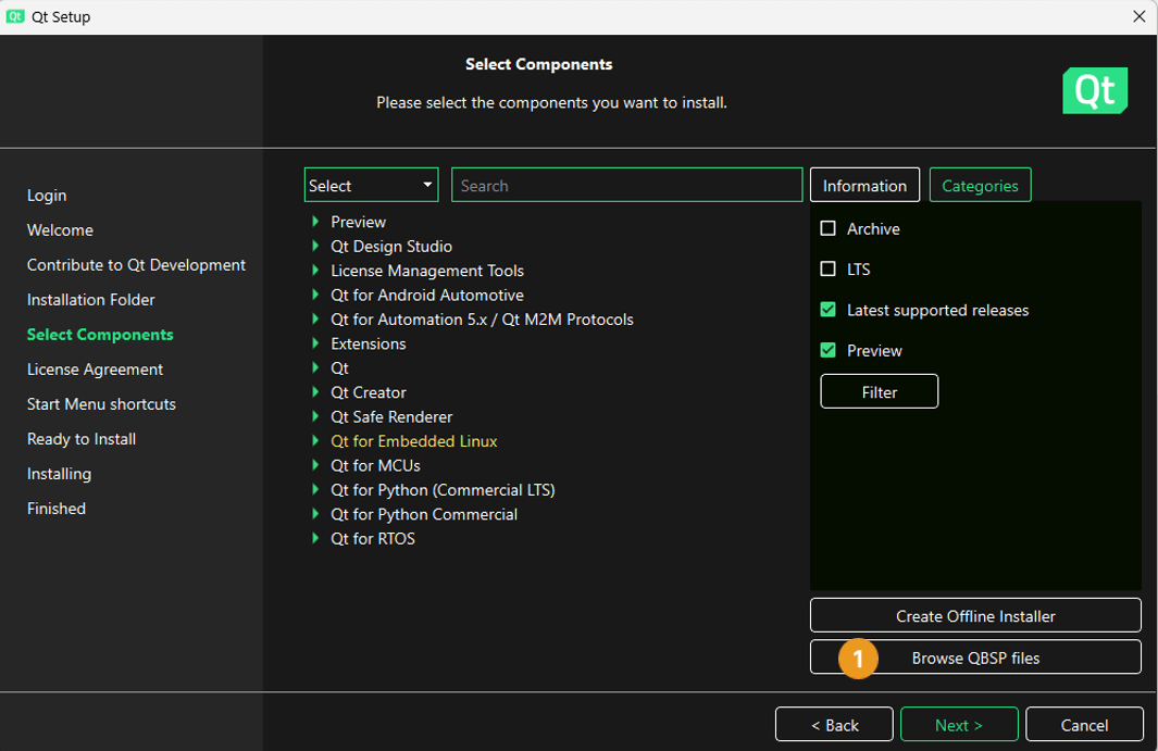 Location of Browse QBSP files in Qt Online Installer.