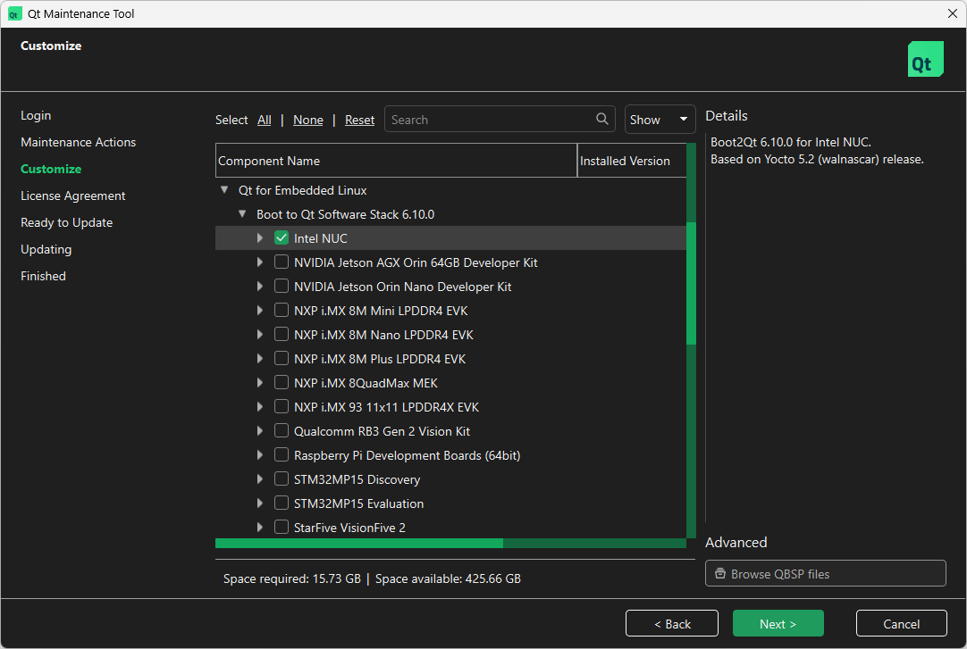 Location of Intel NUC in Select Components UI view of Qt Maintenance Tool.