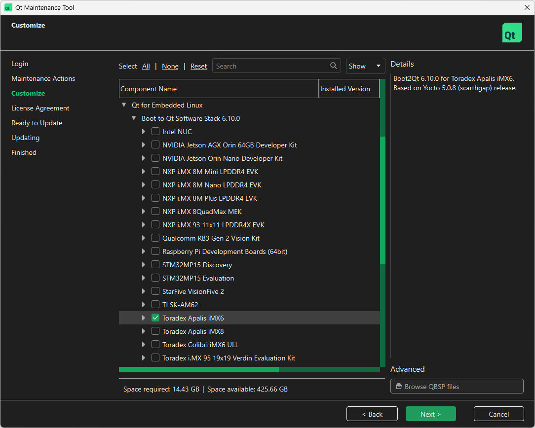 Location of Toradex Apalis iMX6 in Select Components UI view of Qt Maintenance Tool.
