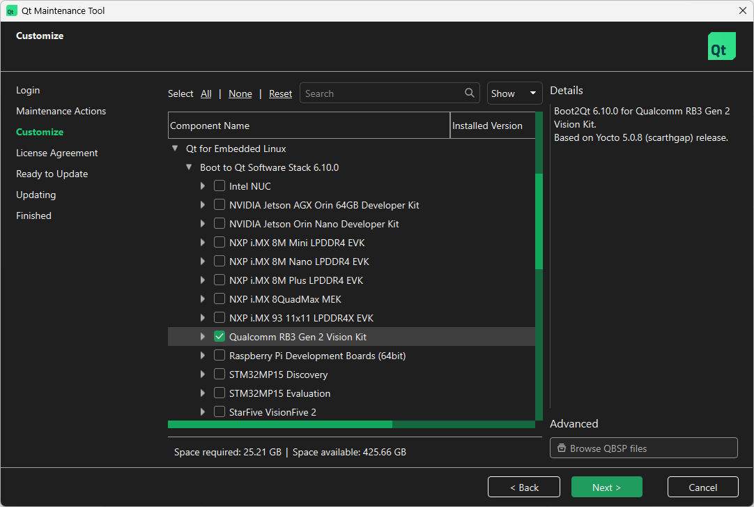 Location of Qualcomm RB3 Gen 2 Vision Kit in Select Components UI view of Qt Maintenance Tool.