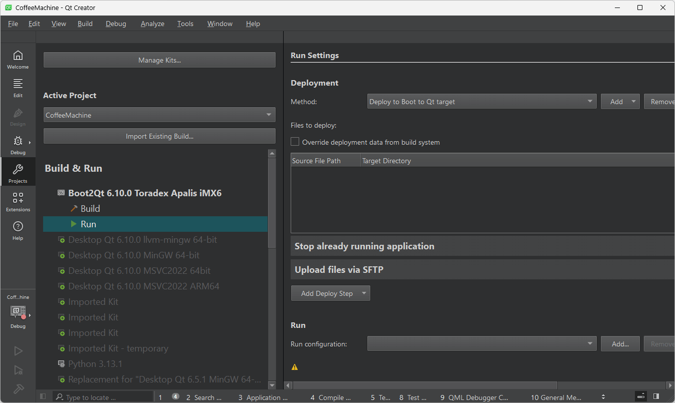 Run Settings UI view in Qt Creator.