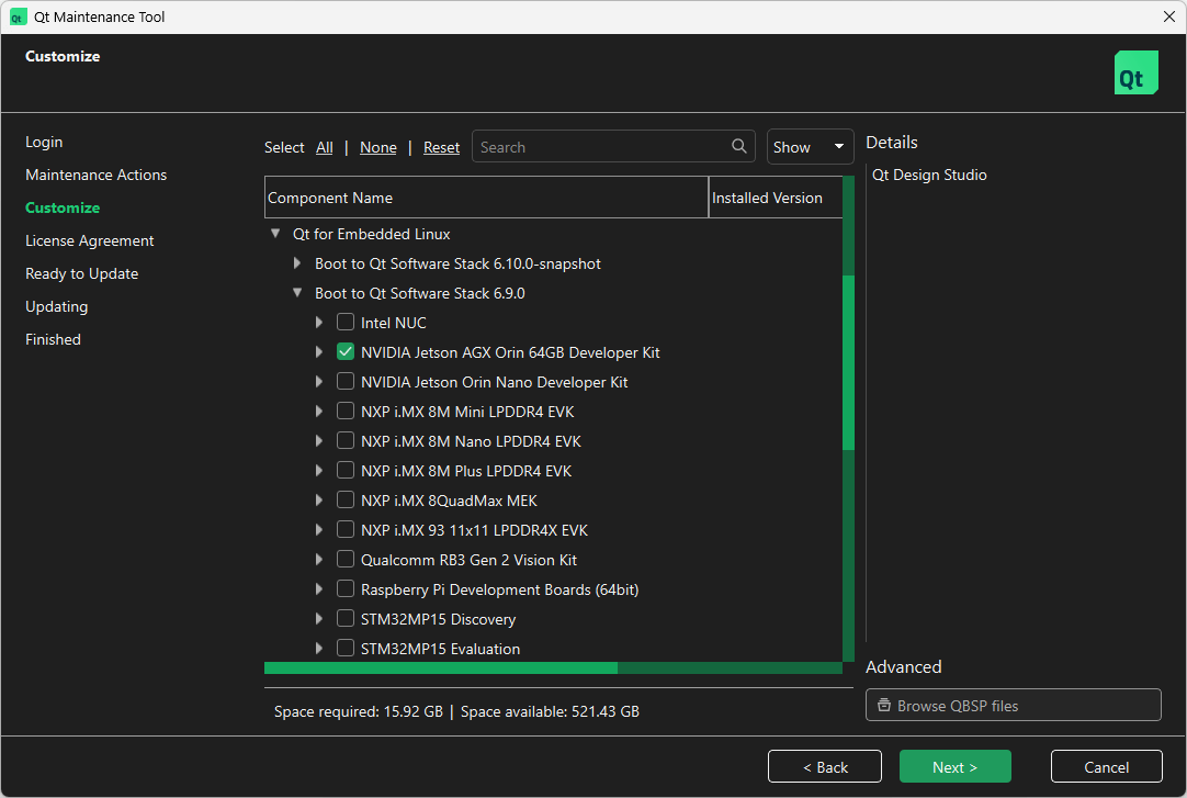 Location of NVIDIA Jetson AGX Orin in Select Components UI view of Qt Maintenance Tool.