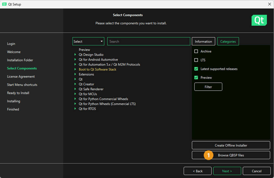 Browse QBSP files button in Qt Online Installer UI.