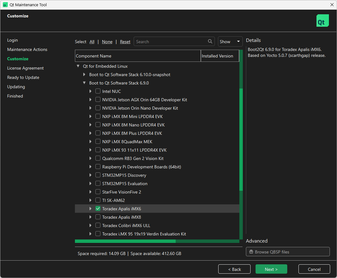 Location of Toradex Apalis iMX6 in Select Components UI view of Qt Maintenance Tool.