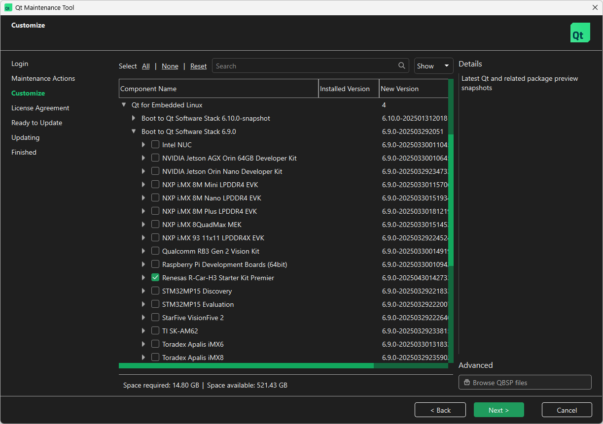 Getting QBSP to appear in Select Components UI view in Qt Online Installer.