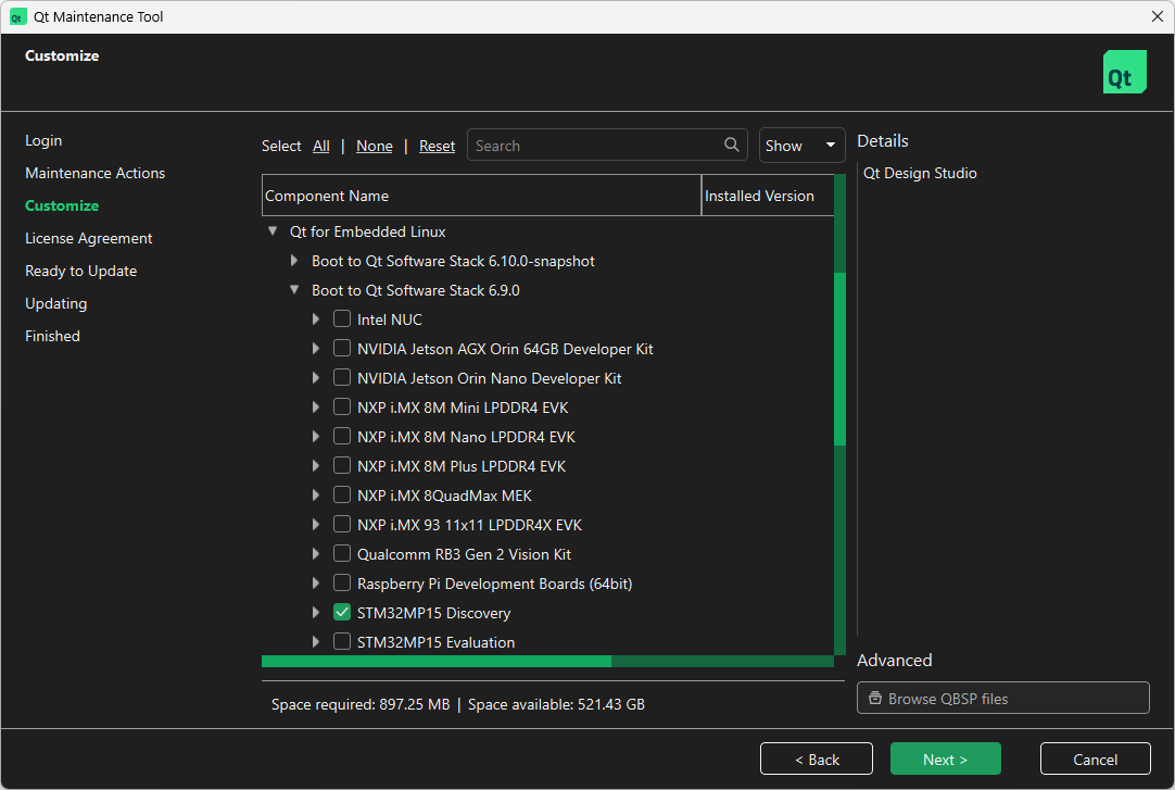 Location of STM32MP15 Discovery in Select Components UI view of Qt Maintenance Tool.