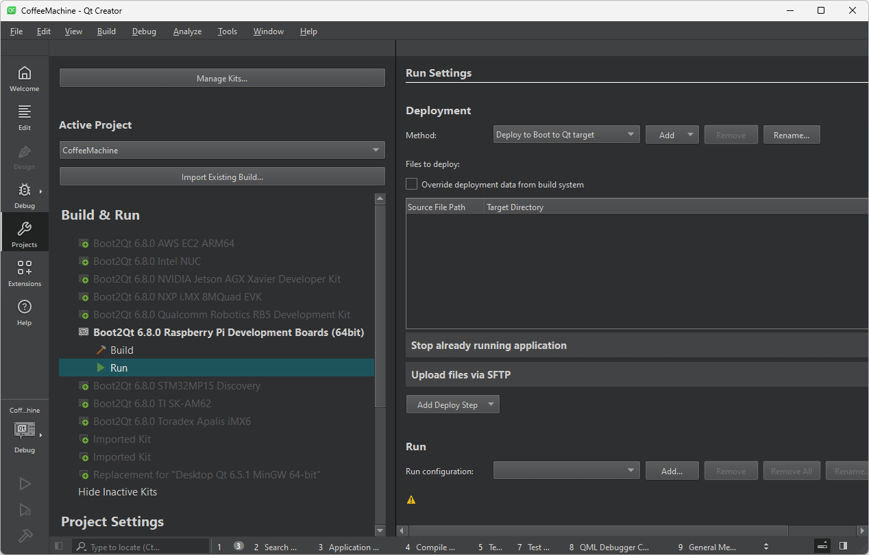 Run Settings UI view in Qt Creator.