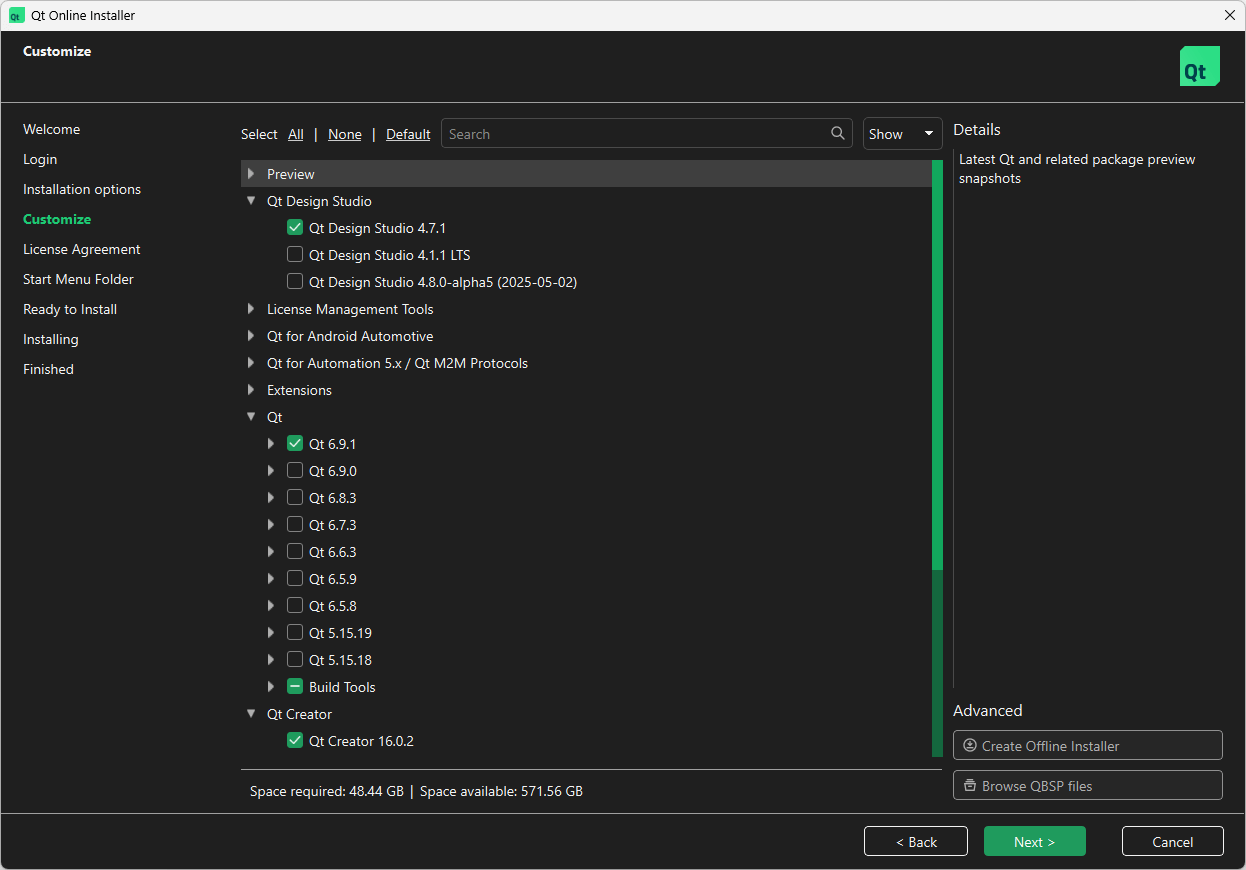 Select Components UI view in Qt Online Installer with the necessary components selected.