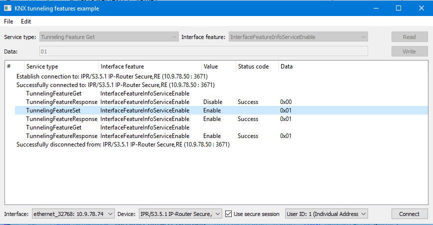 "KNX tunneling features example"