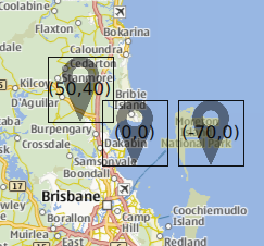 Three markers on a map showing the effect of different anchor points