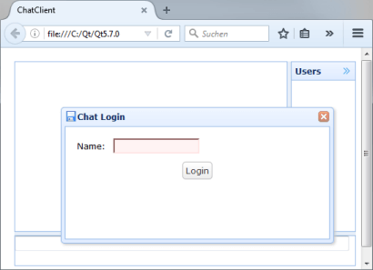 Browser window with a Chat Login dialog containing a Name field and Login button, beside a Users panel