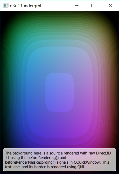 Animated squircle rendered with Direct3D 11 under Qt Quick scene with text overlay
