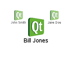 PathView showing three Qt logo items with names: John Smith and Jane Doe small and faded at top, Bill Jones large and opaque at center