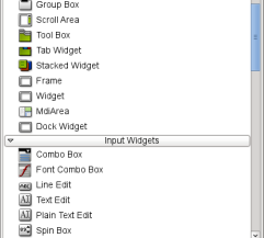 Screenshot showing all widget components for Qt Widgets Designer