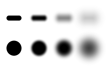 Rows of a black bar and a black dot with QCanvasBoxShadow blur of 0, 10, 20, and 40 pixels