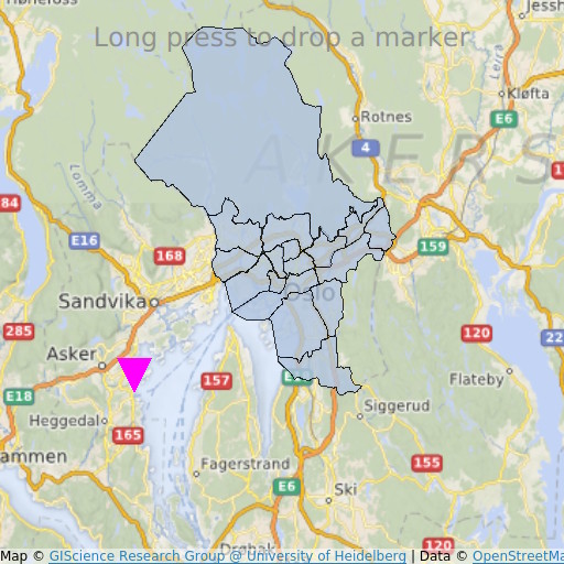 Map of the Oslo region with administrative district polygons and a marker near Asker