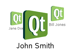 Qt logos rotating along curved path with names Jane Doe, Bill Jones, John Smith