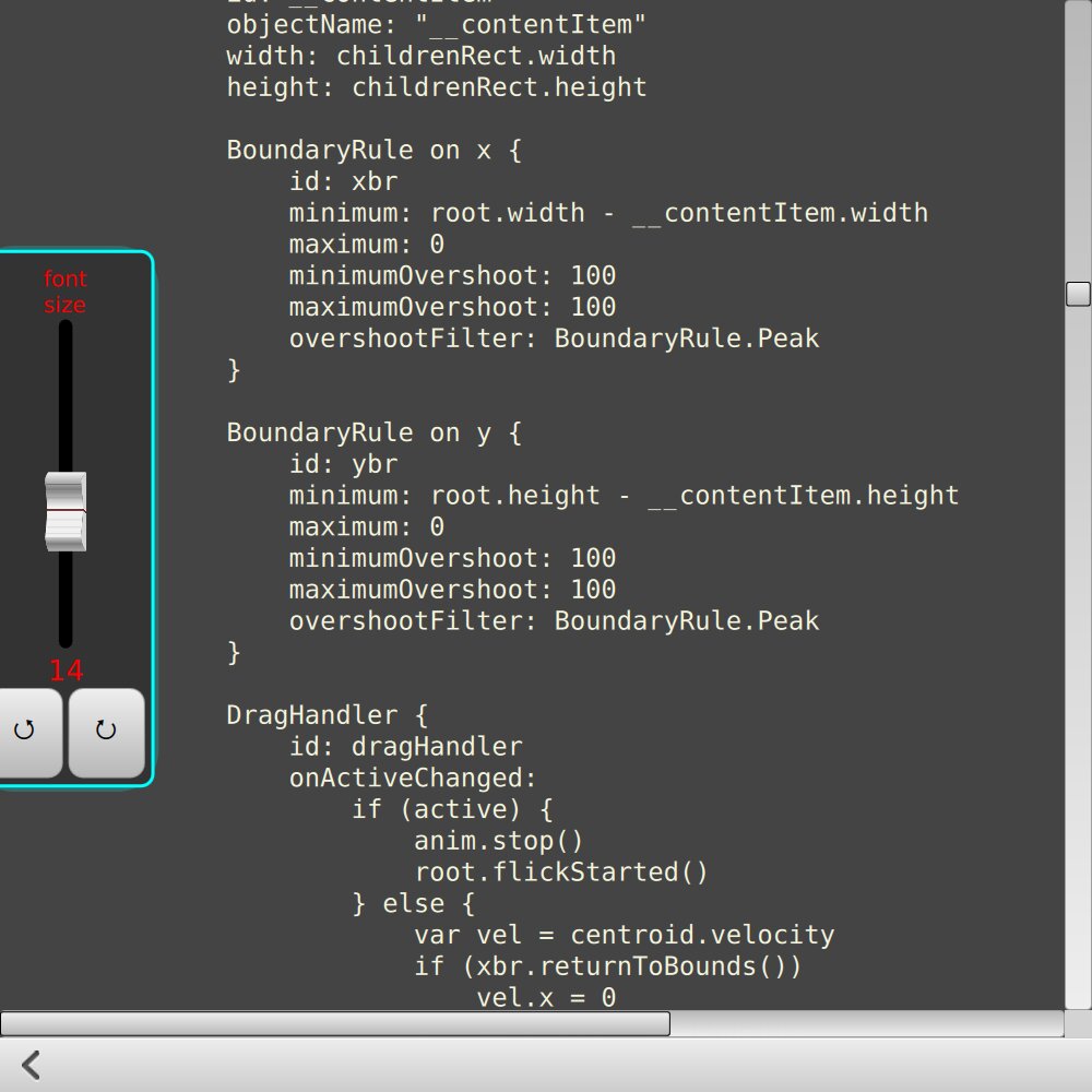 QML code viewer with font size slider showing DragHandler and BoundaryRule code