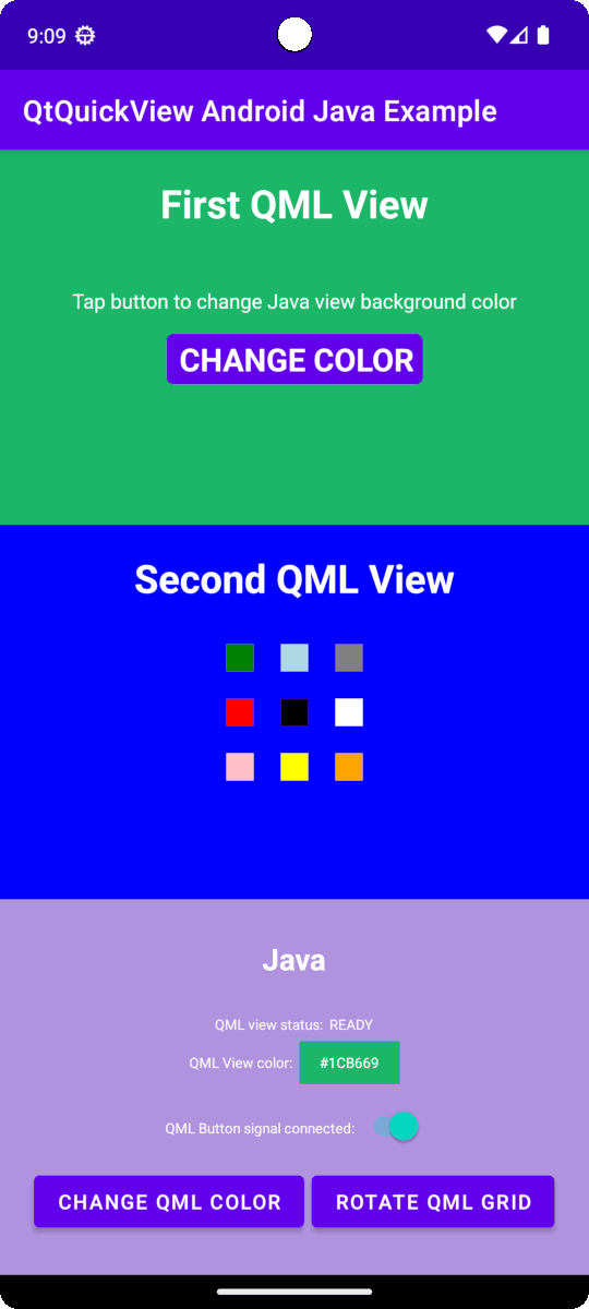 Android app with two QtQuickView sections displaying QML content and Java controls for interaction