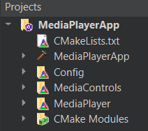 Qt Creator project structure with Config, MediaControls, and MediaPlayer modules