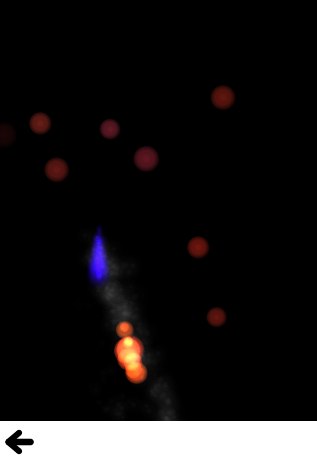 Red balls floating past a blue flame, with one ball on fire