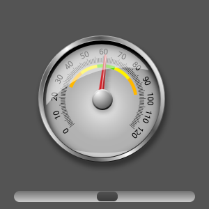 Speedometer dial with needle at 60, showing 0-120 scale and slider control