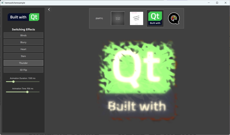 Item switcher showing Qt logo with Thunder transition effect and effect selection menu