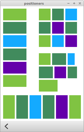 Colored rectangles arranged in Column, Row, Grid, and Flow positioner layouts