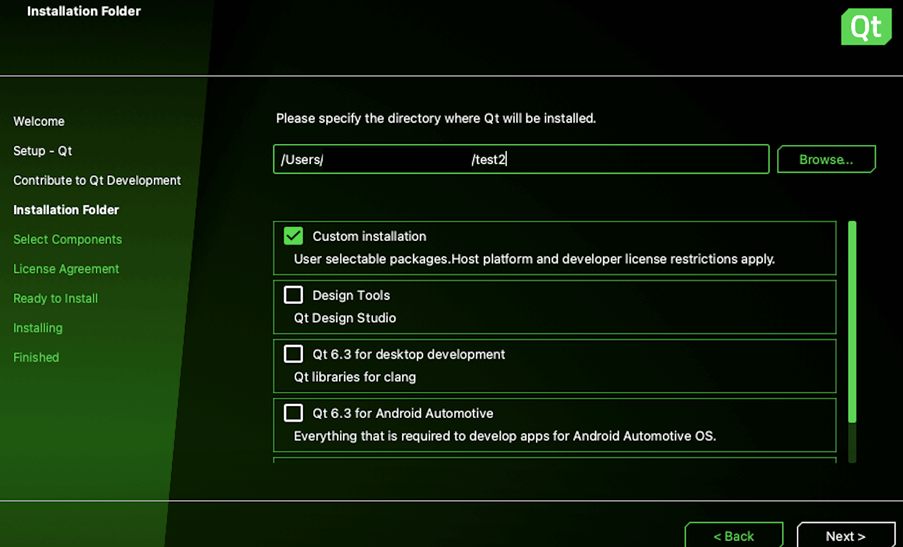 Qt Installer with Custom installation option selected