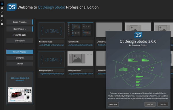 Qt Design Studio welcome screen with project templates