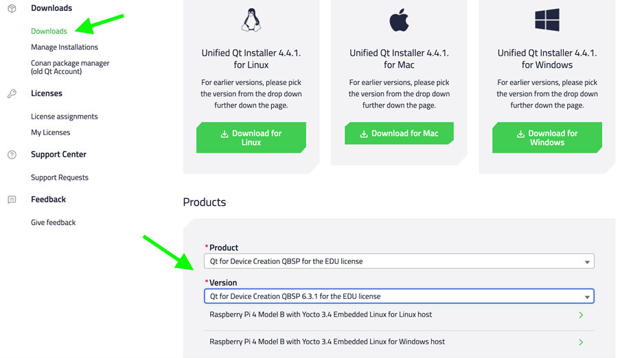 Qt Account downloads page with QBSP product selected
