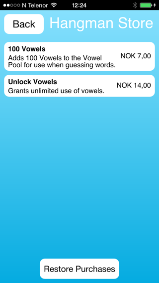 Hangman Store with vowel purchase options and prices