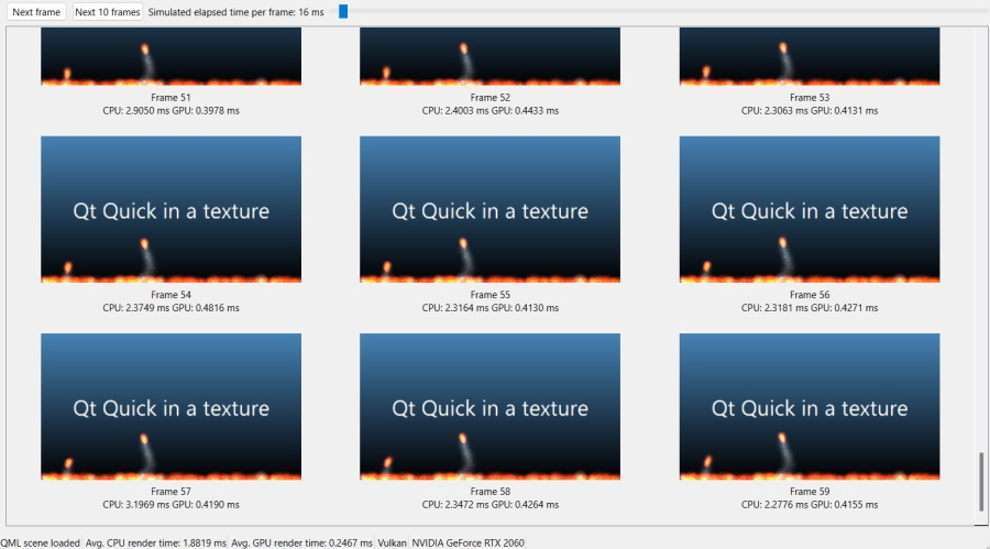 Grid of rendered frames with CPU and GPU timing metrics for each frame