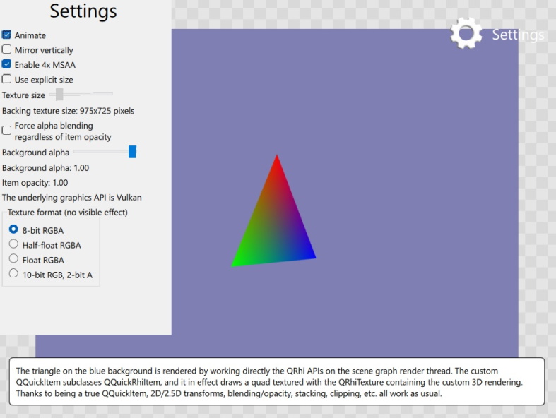 RGB triangle rendered using QRhi displayed as a QQuickItem, with settings panel for MSAA and texture options