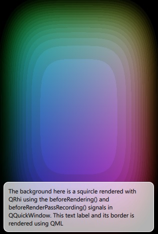 Animated squircle rendered with QRhi under Qt Quick scene with text overlay