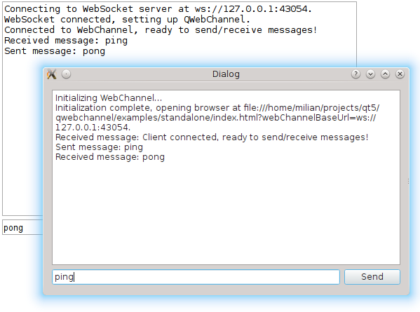 Dialog window listing exchanged ping and pong messages with an input field and Send button, over a terminal showing connection log output