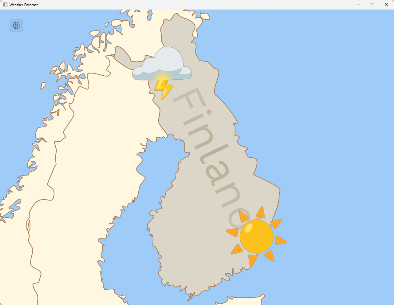 Zoomed view of Finland with country name label and enlarged weather icons showing thunderstorm and sun