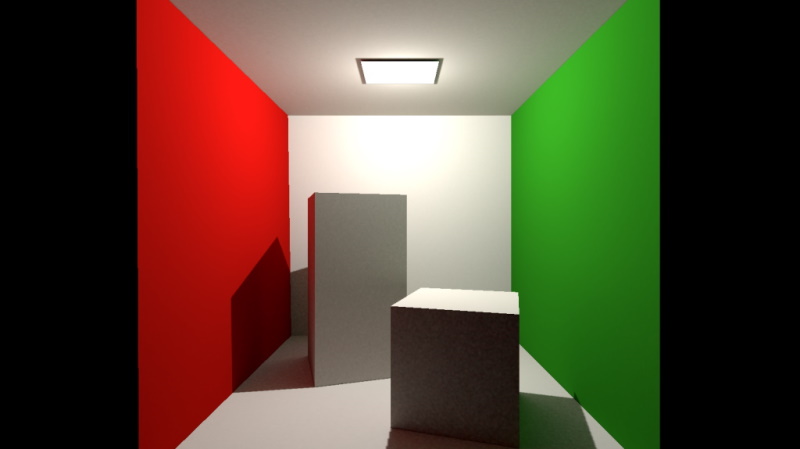 "Cornell box scene with one point light, fully baked lightmap"