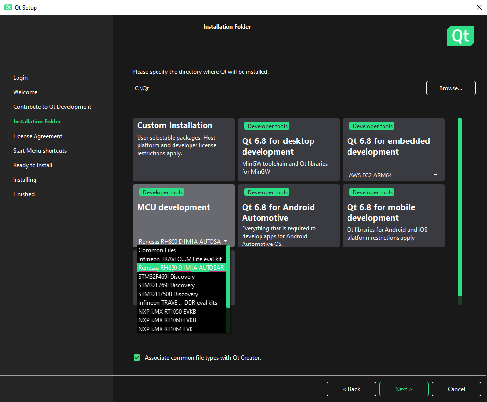 MCU development selected in Qt Online Installer