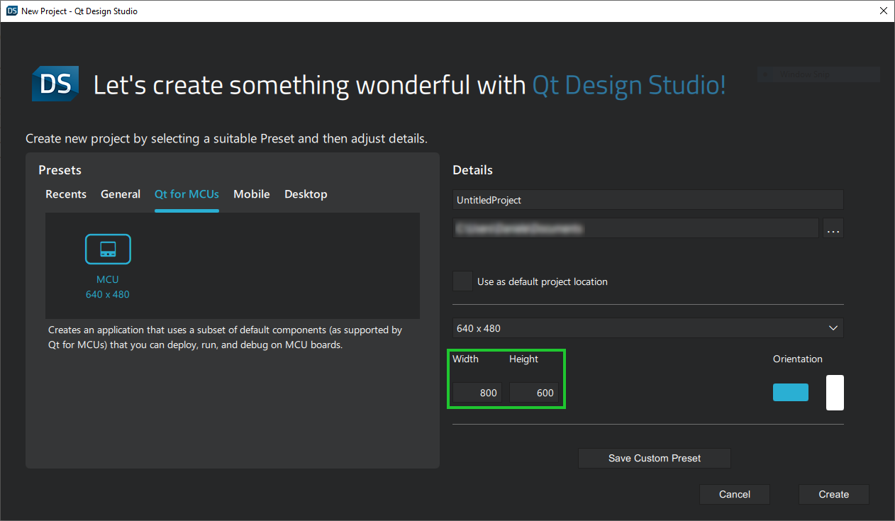 Qt Design Studioで画面解像度を設定する。