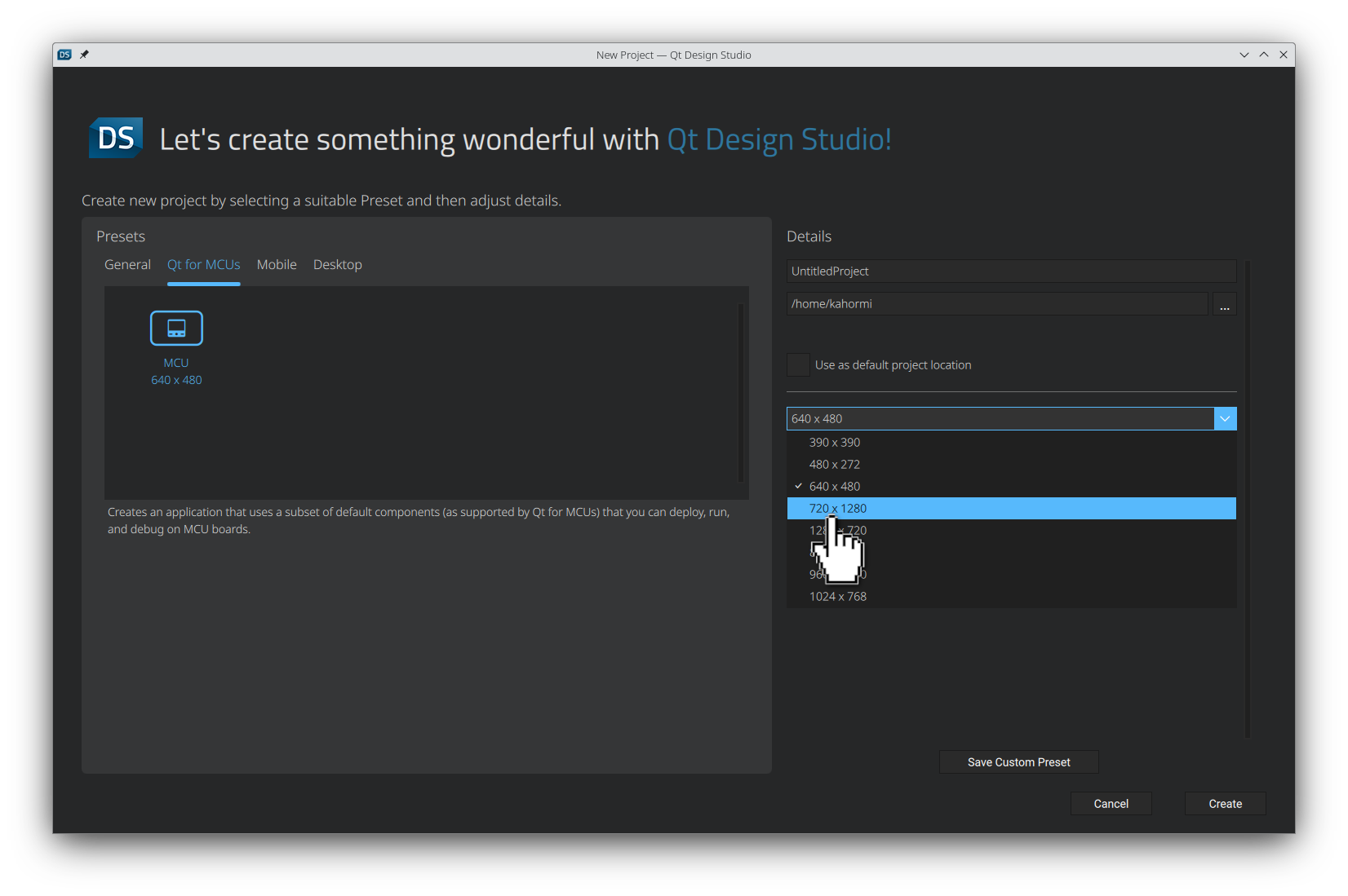 Qt Design Studioでプロジェクトの解像度を選択します。