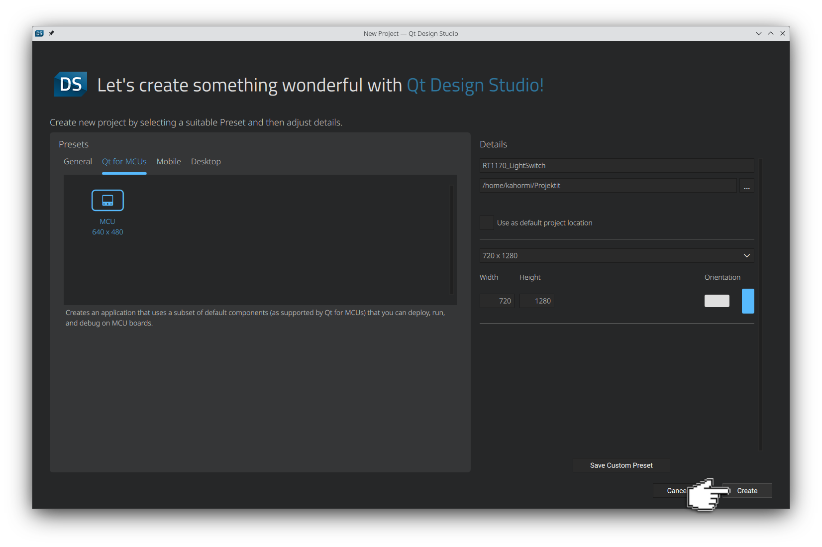Qt Designer Studioでプロジェクトの名前を付けます。
