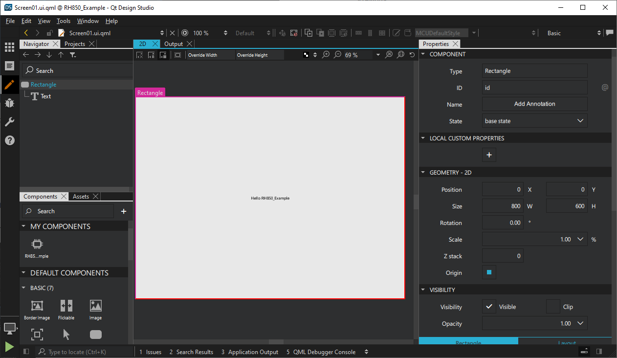 2Dビューに矩形とテキストを表示したプロジェクト。