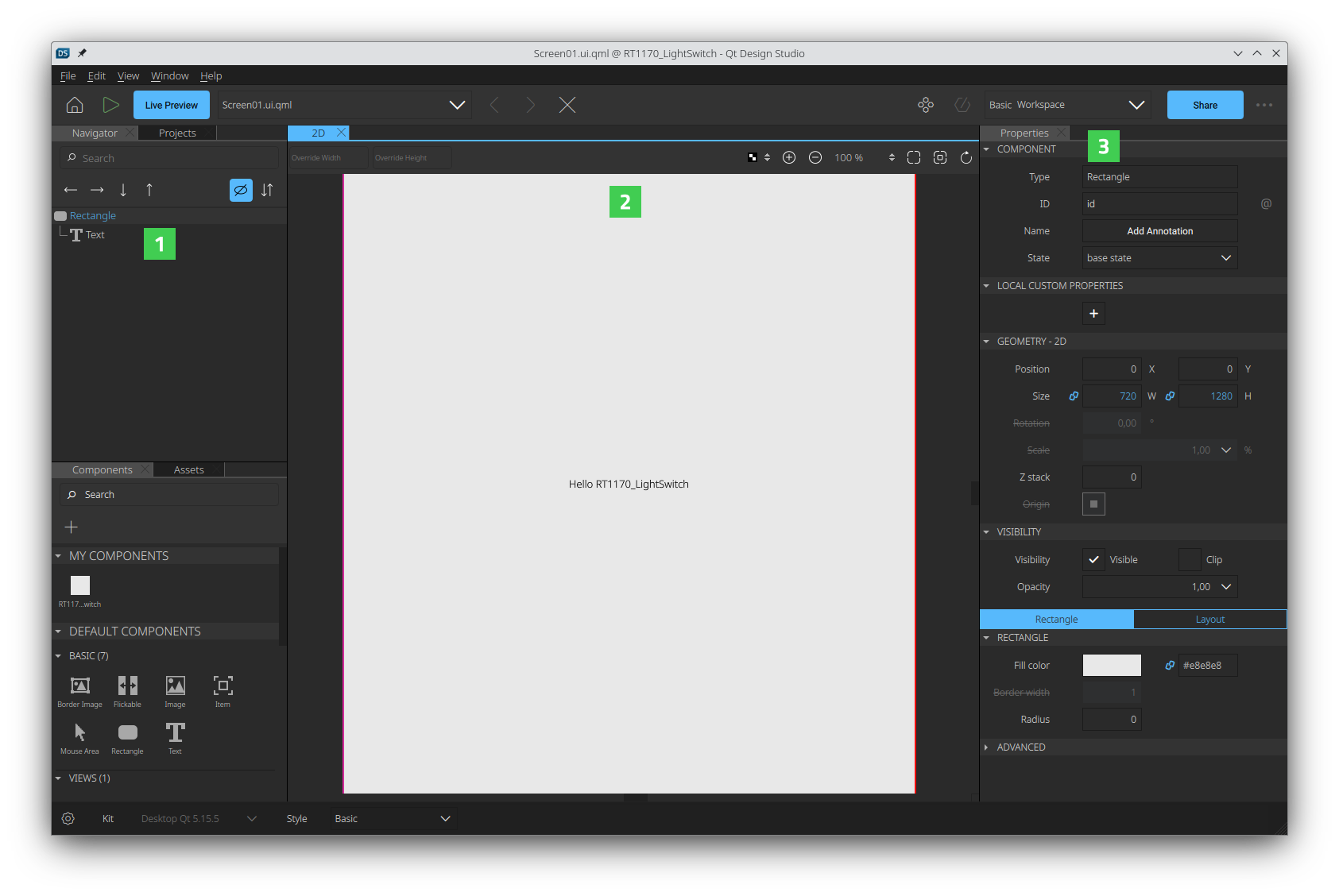2Dビューに矩形とテキストを表示したプロジェクト。