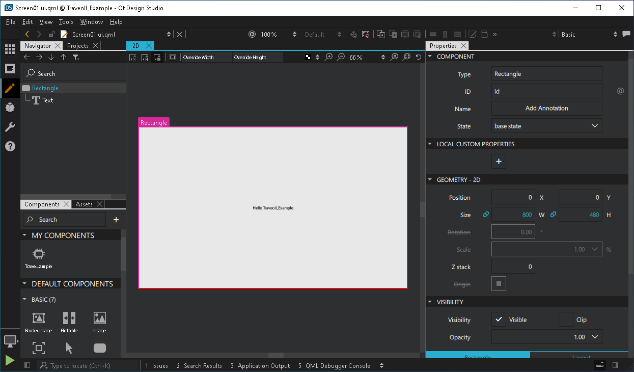 2Dビューに矩形とテキストを表示したプロジェクト。